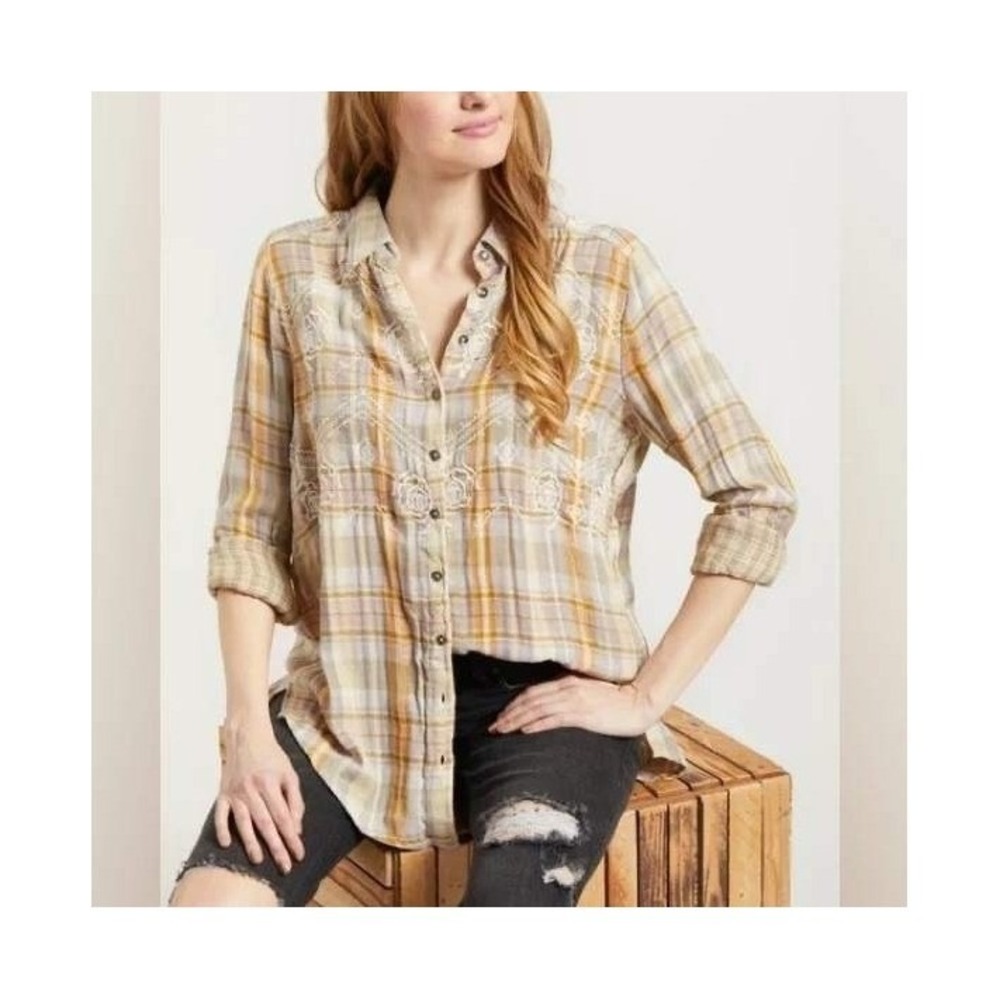 Free People Plaid Button Down Shirt Womens XS Yellow Embroidered Floral Gauze